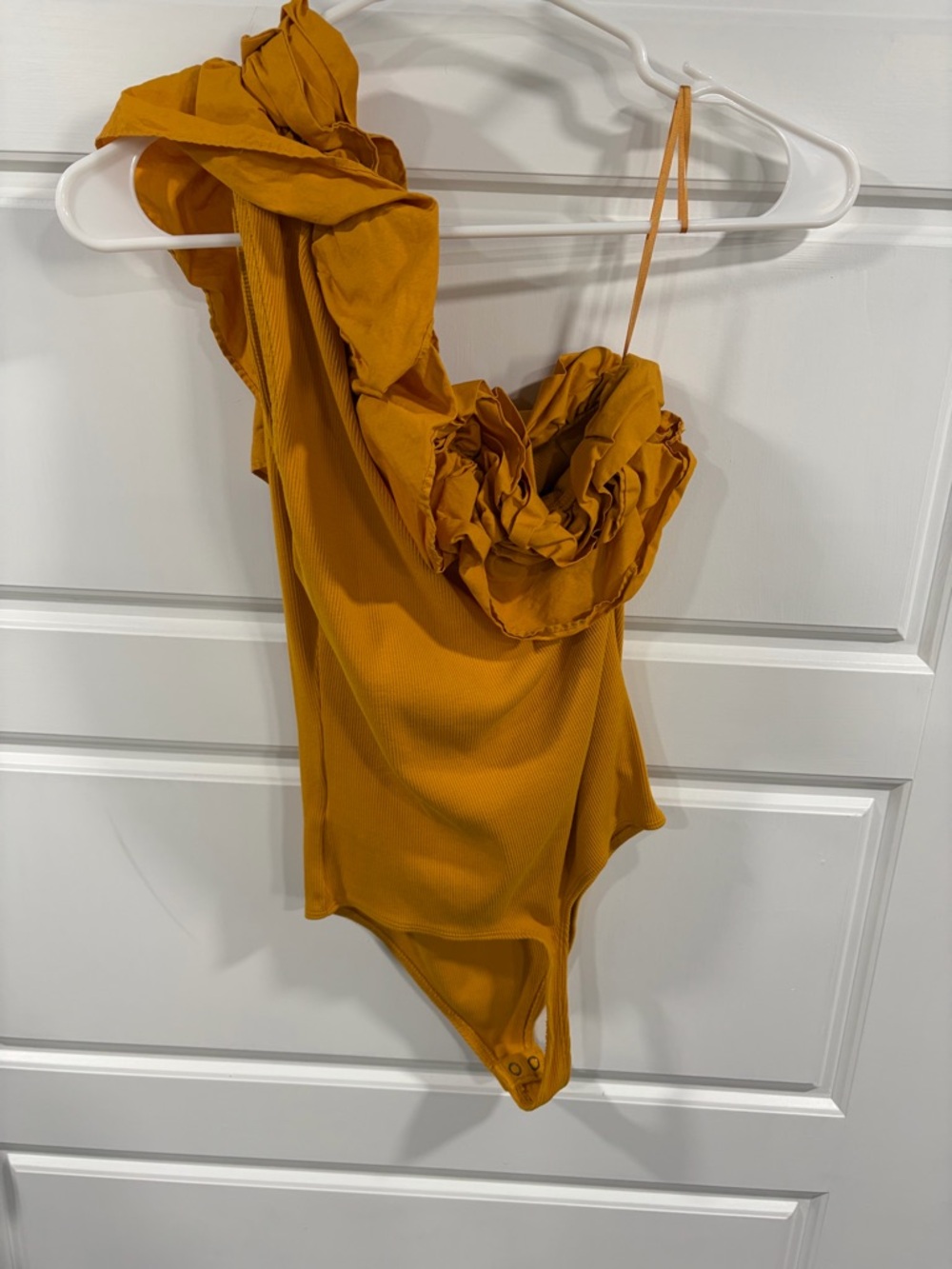 Express Mustard One-Shoulder Ruffle Bodysuit - Picture 3 of 3